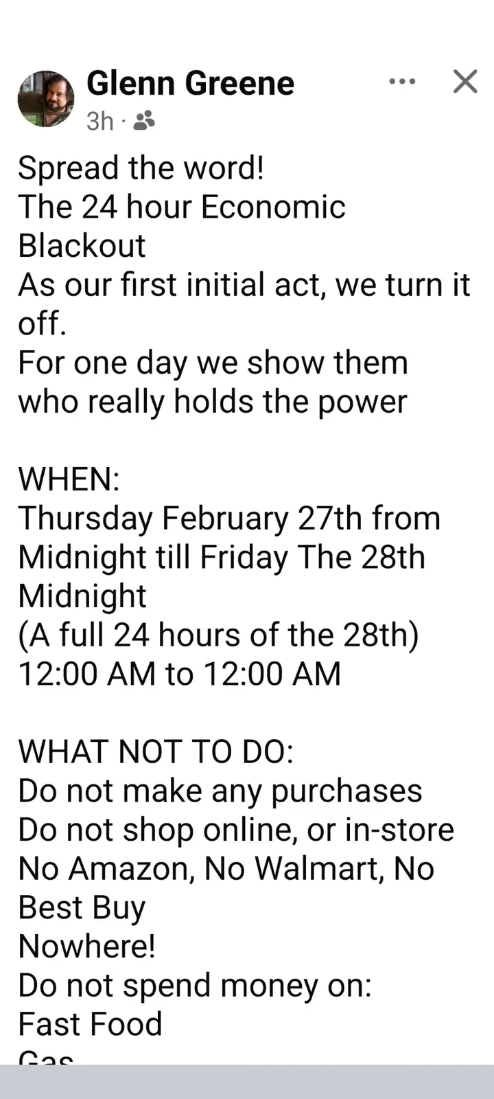 A screenshot of a social media post by Glenn Greene announcing a '24 hour Economic Blackout' scheduled for February 27-28…