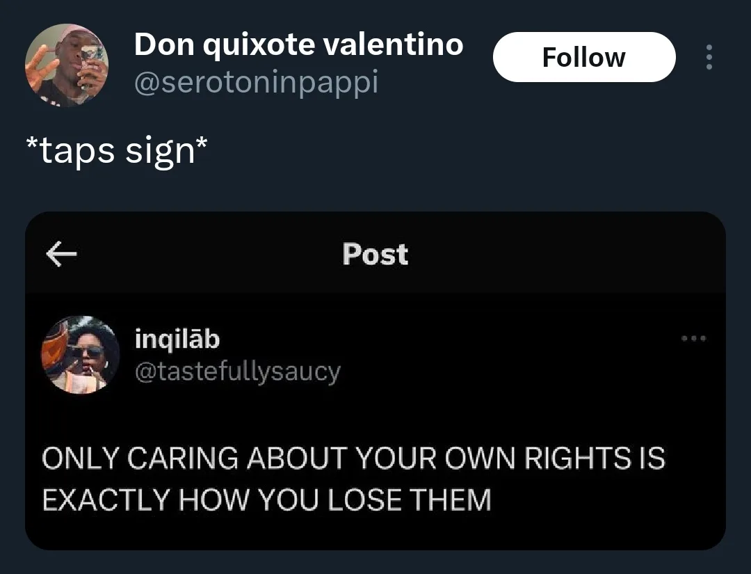 A screenshot of a Twitter/X interface shows a user named 'Don quixote valentino' with the text '*taps sign*' above a post by…