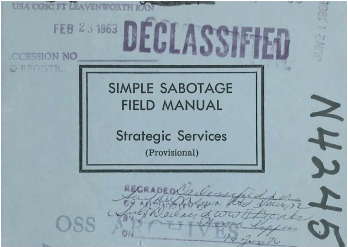 A declassified government document cover titled 'SIMPLE SABOTAGE FIELD MANUAL' from Strategic Services, dated February 23…