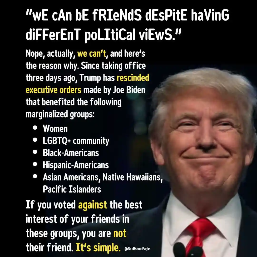 A meme featuring a photo of Donald Trump smiling, overlaid with text that sarcastically refutes his claim that people can be…