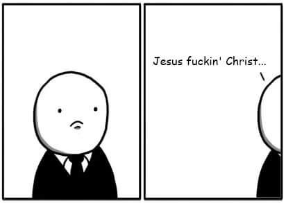 A two-panel black-and-white comic strip featuring a simple stick figure in a suit. In the first panel, the figure has a…