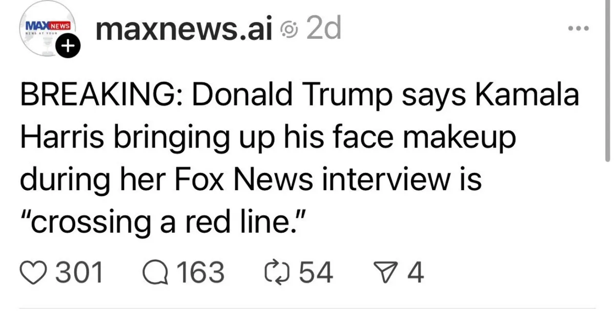 The image shows a screenshot of a social media post from 'maxnews.ai' with a headline claiming Donald Trump called Kamala…
