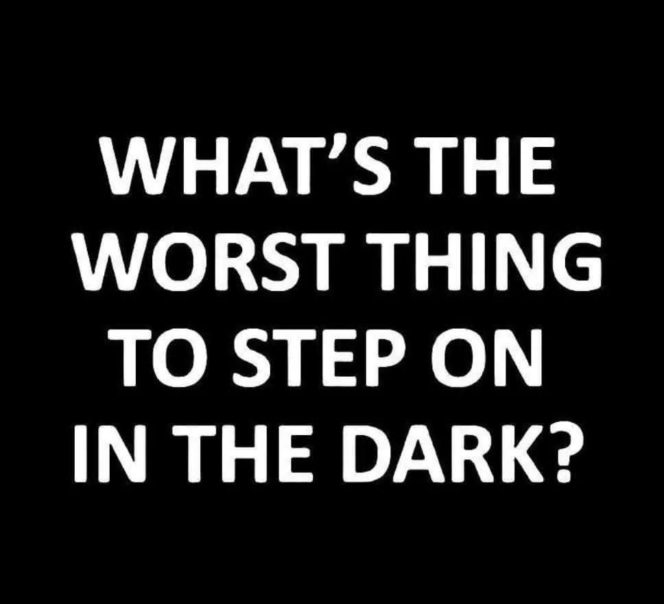 A solid black background with large, bold, white, all-caps text centered that reads 'WHAT'S THE WORST THING TO STEP ON IN…