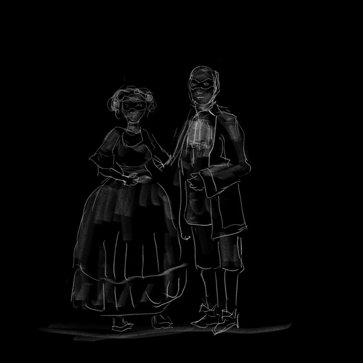A chalk-style sketch shows two figures standing side by side against a black background. The figure on the left is a woman…