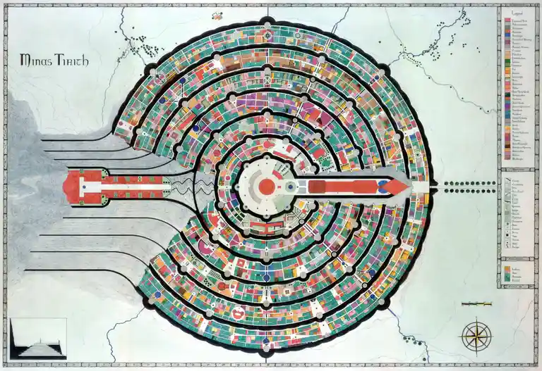 A detailed, colorful, and highly organized map of Minas Tirith, the fictional city from The Lord of the Rings, showing…