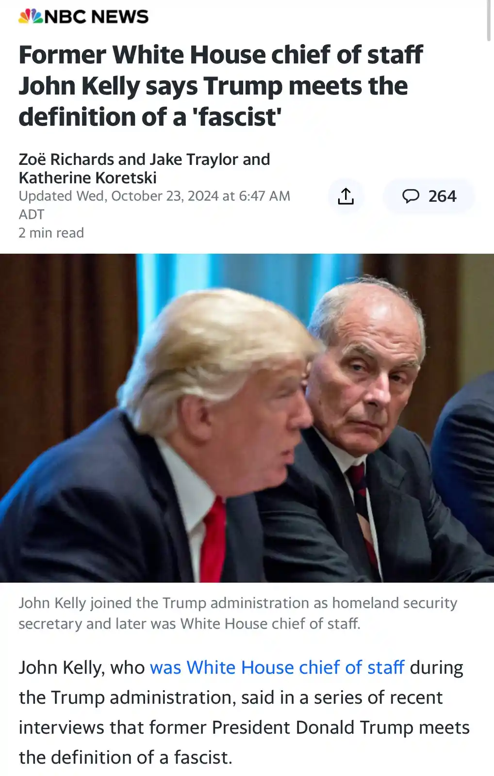 The image is a screenshot of an NBC News article featuring a photo of Donald Trump and John Kelly seated next to each other…