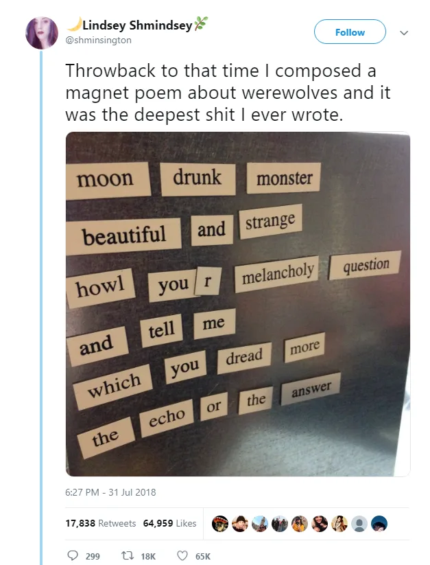 A screenshot of a tweet by Lindsey Shmindsey showing a photo of a magnet poem on a refrigerator. The poem is made of small…