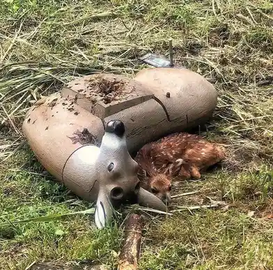 A small spotted fawn is curled up sleeping next to a broken, weathered deer-shaped hunting decoy lying on grass. The decoy…