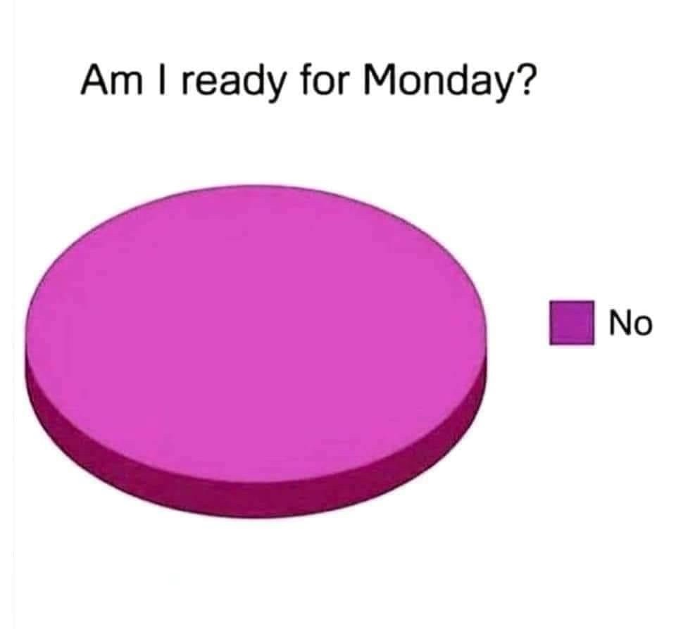 A pie chart with a single magenta slice representing the answer to the question 'Am I ready for Monday?' The legend…
