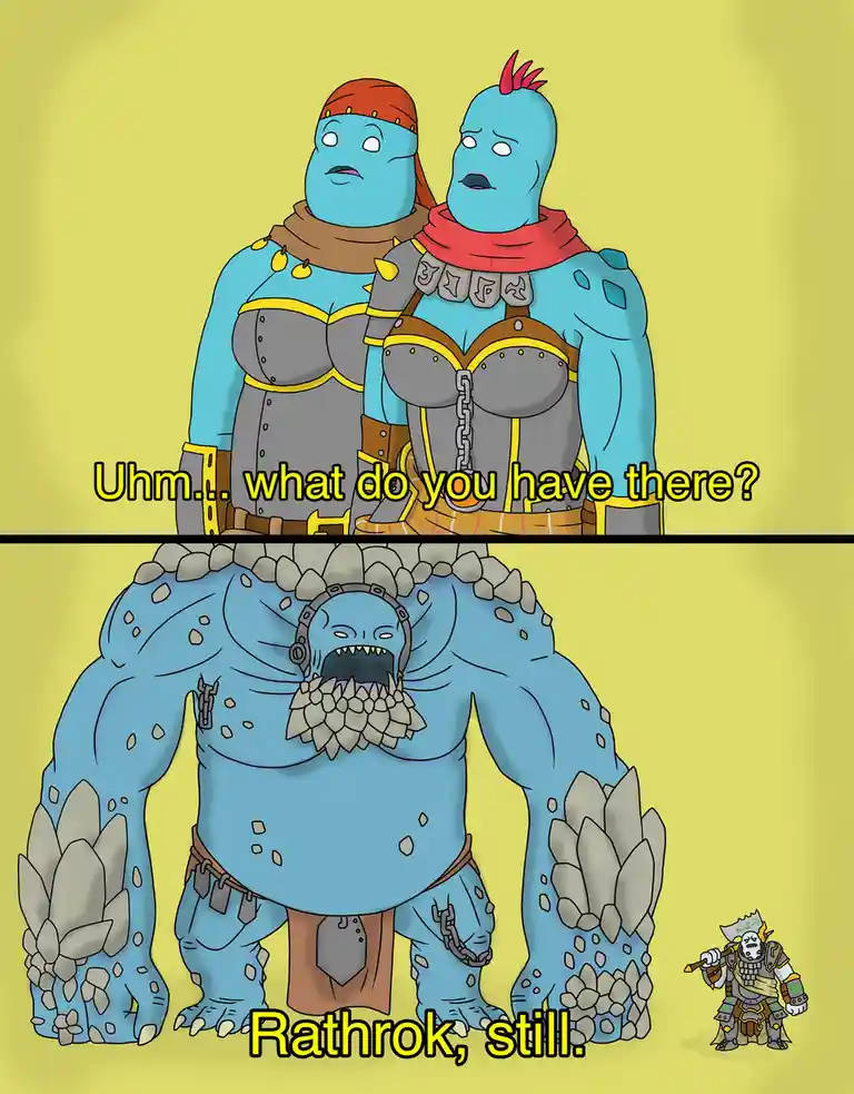The top panel shows two blue-skinned armored characters looking confused, with text asking 'Uhm... what do you have there?'…