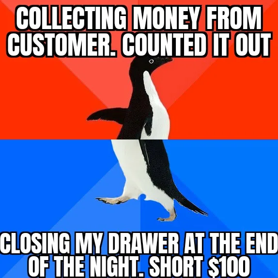 A penguin stands against a red background in the top panel with text saying 'COLLECTING MONEY FROM CUSTOMER. COUNTED IT…