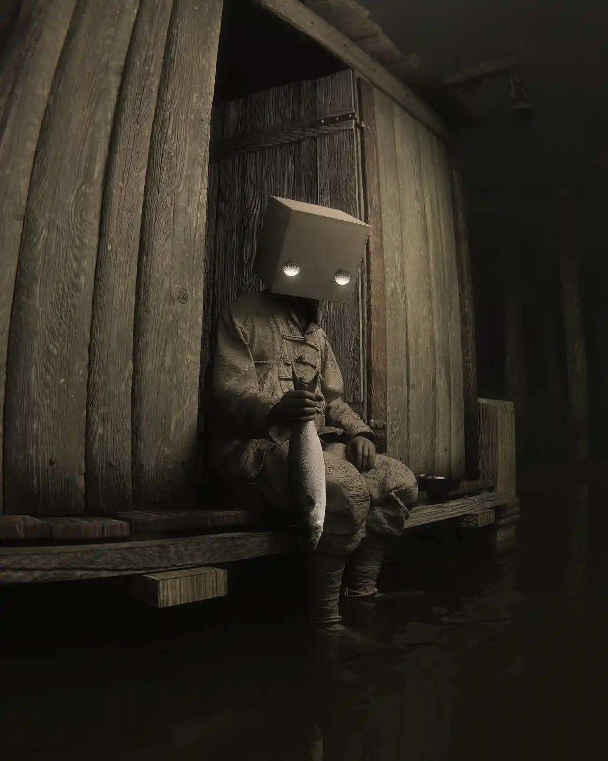 A character with a box head and glowing eyes, wearing tattered clothes, sits on a wooden dock holding a fish. The scene is…