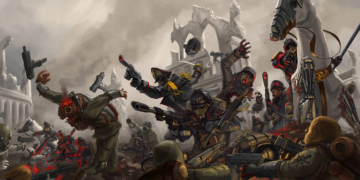 A chaotic, stylized battle scene depicts numerous soldiers and warriors in various combat poses amidst rubble and smoke…