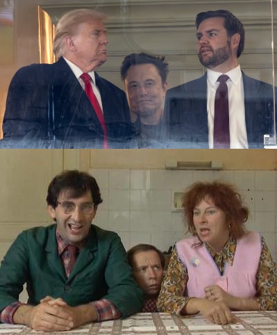 The image is split into two parts. The top shows Donald Trump and Elon Musk standing side-by-side, looking at each other…