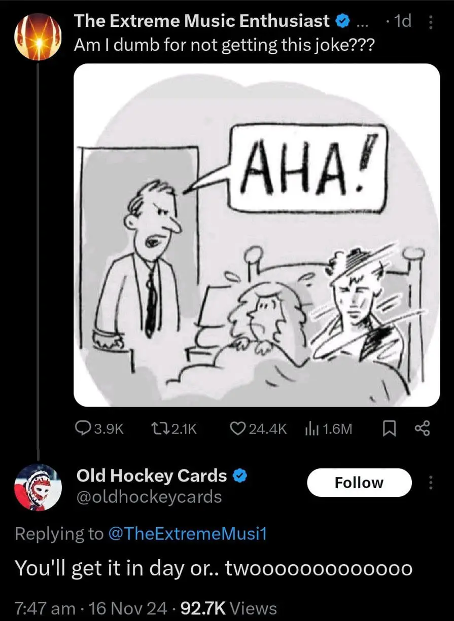 A black-and-white cartoon depicts a man in a suit standing in a doorway, exclaiming 'AHA!' in a speech bubble, while two…