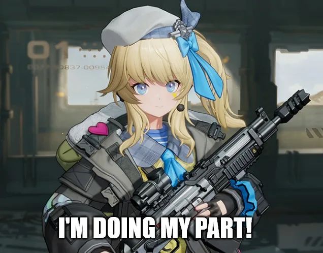 A blonde anime-style female character in military gear, holding a large rifle, with a blue bow in her hair and a pink heart…