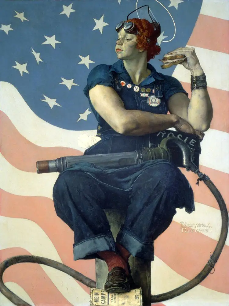 a woman in blue overalls and goggles sits atop a box labeled 'mein kampf' with a swastika, holding a sandwich, against an…