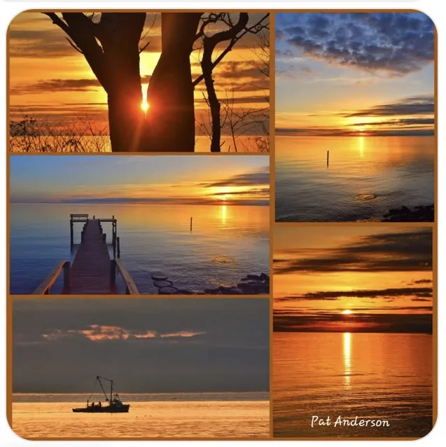 A collage of six serene sunset photos over water, featuring silhouetted trees, a wooden pier, a fishing boat, and calm…