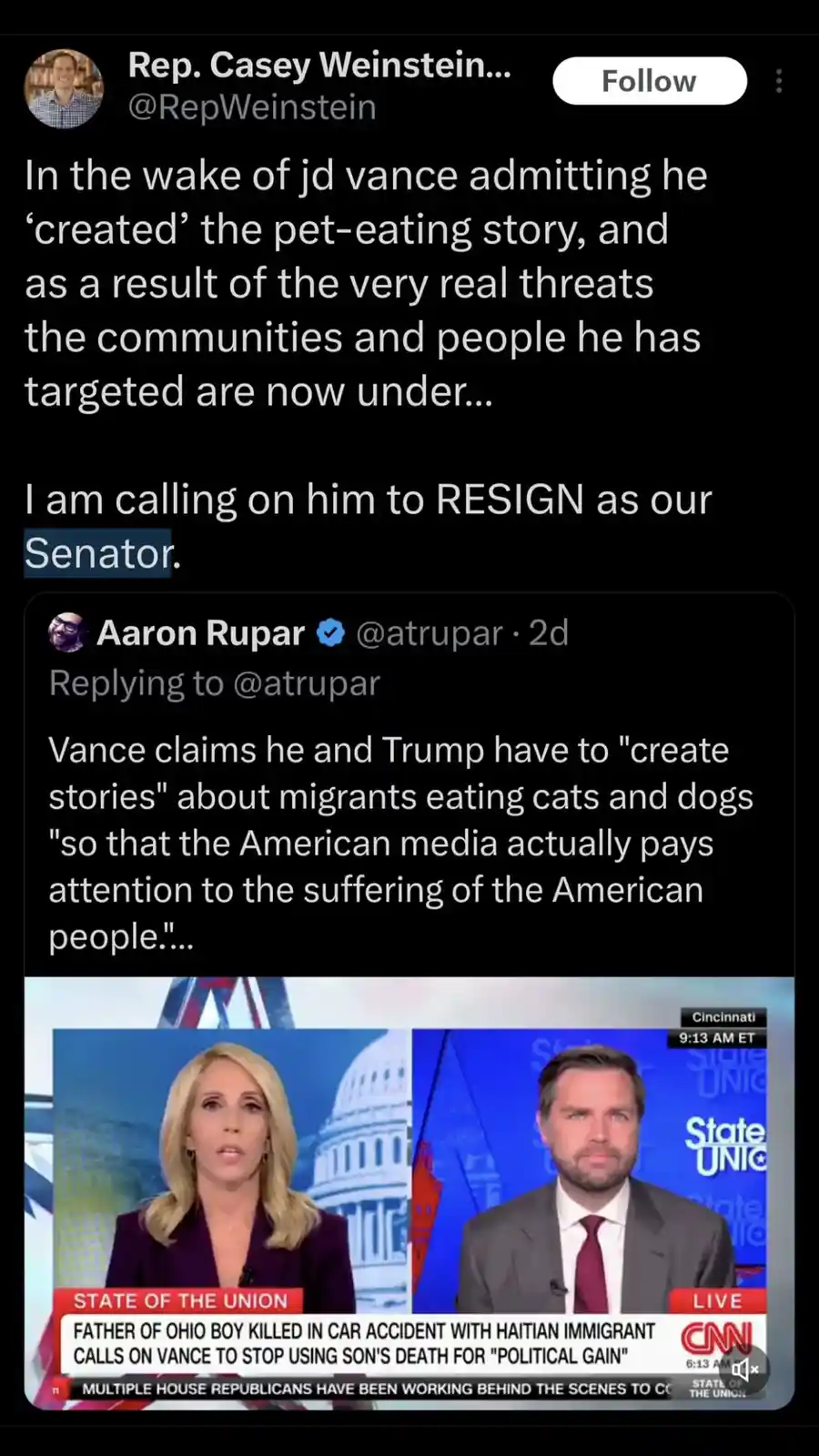 A screenshot of a Twitter thread shows Rep. Casey Weinstein calling on JD Vance to resign after Vance admitted to creating a…