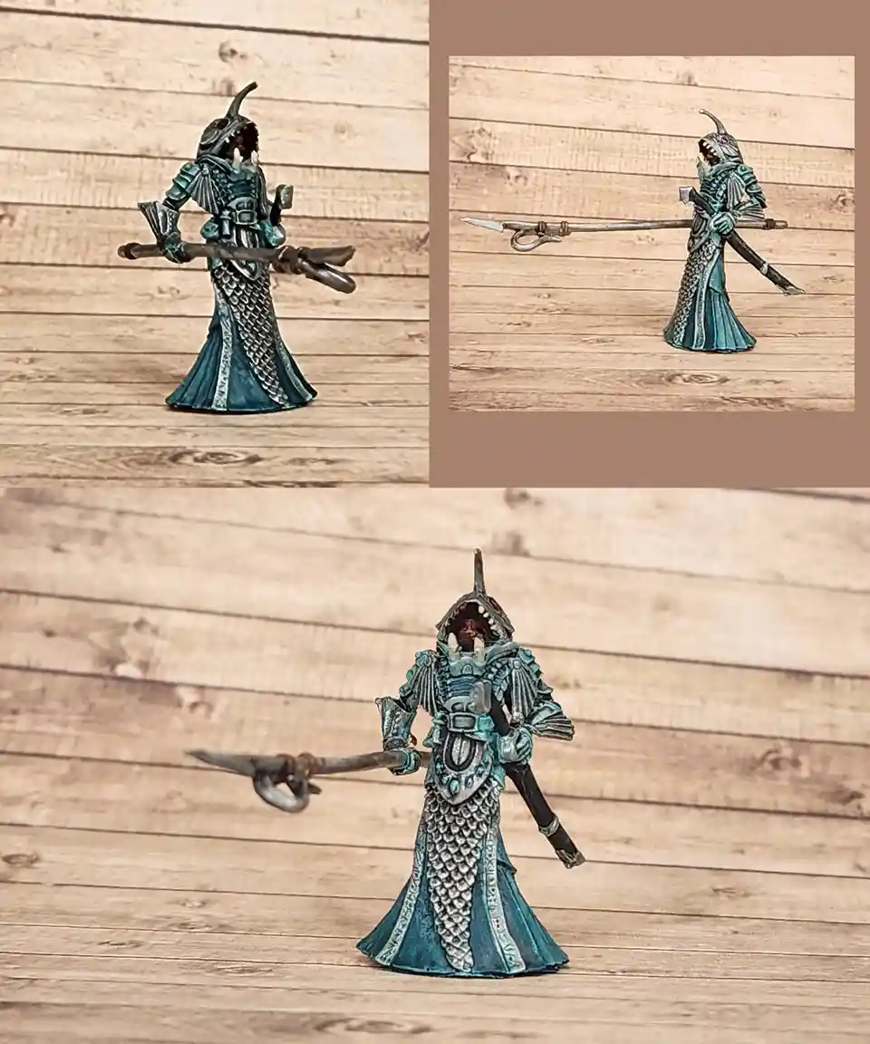 Three images show a painted miniature figurine of a fish-headed humanoid warrior in teal and silver scale armor, holding a…