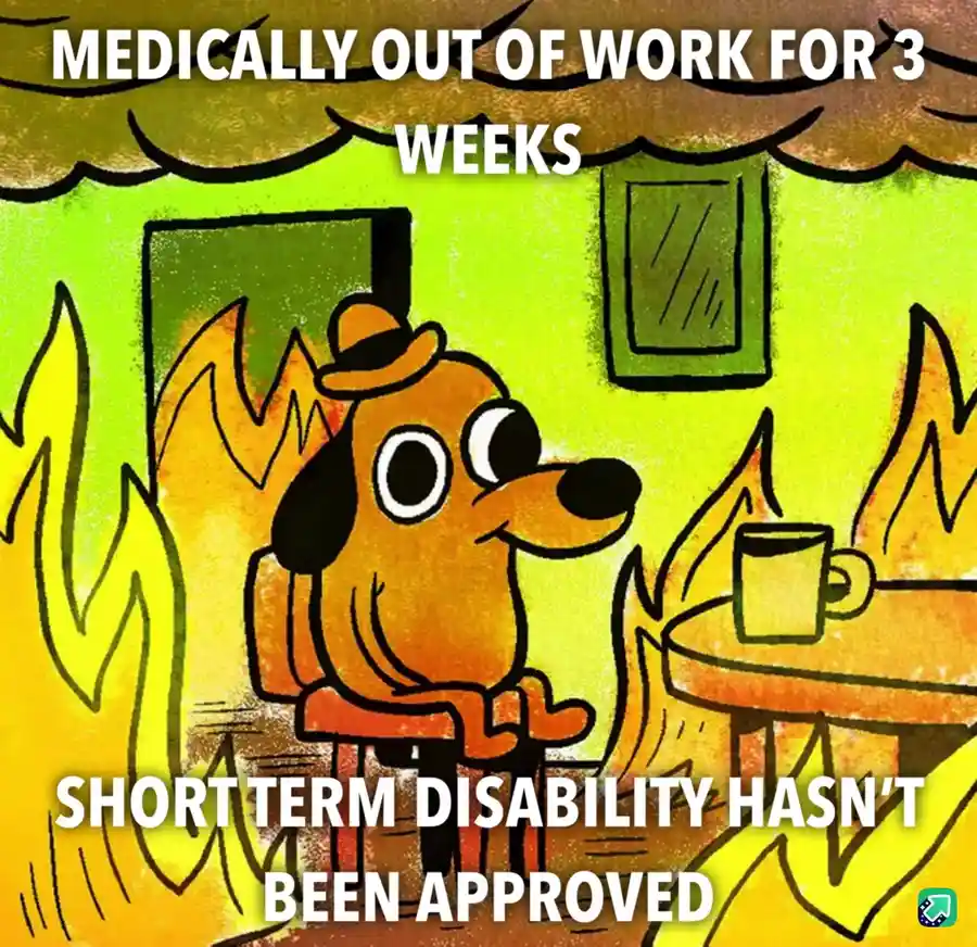 A cartoon dog wearing a hat sits calmly in a room engulfed in flames, holding a mug, with text stating it's medically out of…