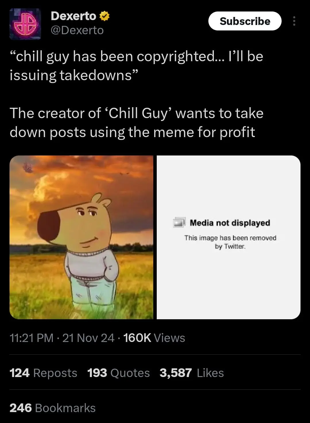 A screenshot of a Dexerto tweet shows a split image: on the left, the 'Chill Guy' meme character—a cartoon dog in a field at…