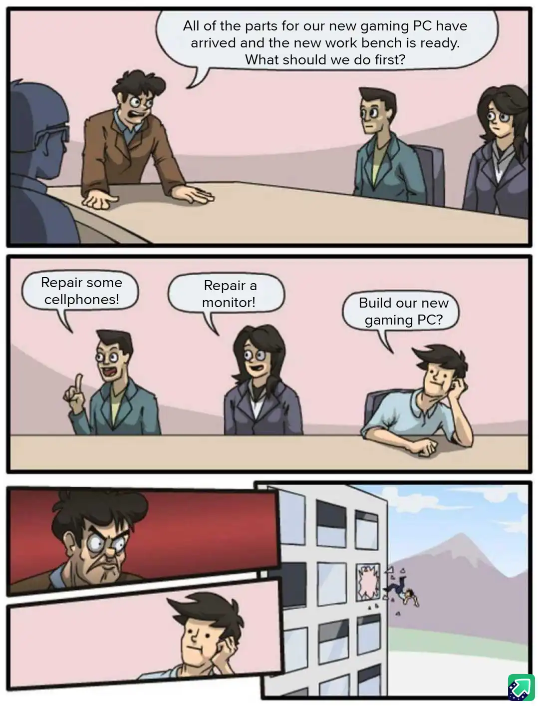 A three-panel comic shows a team meeting where a man asks what to do first with new PC parts. Two colleagues suggest…