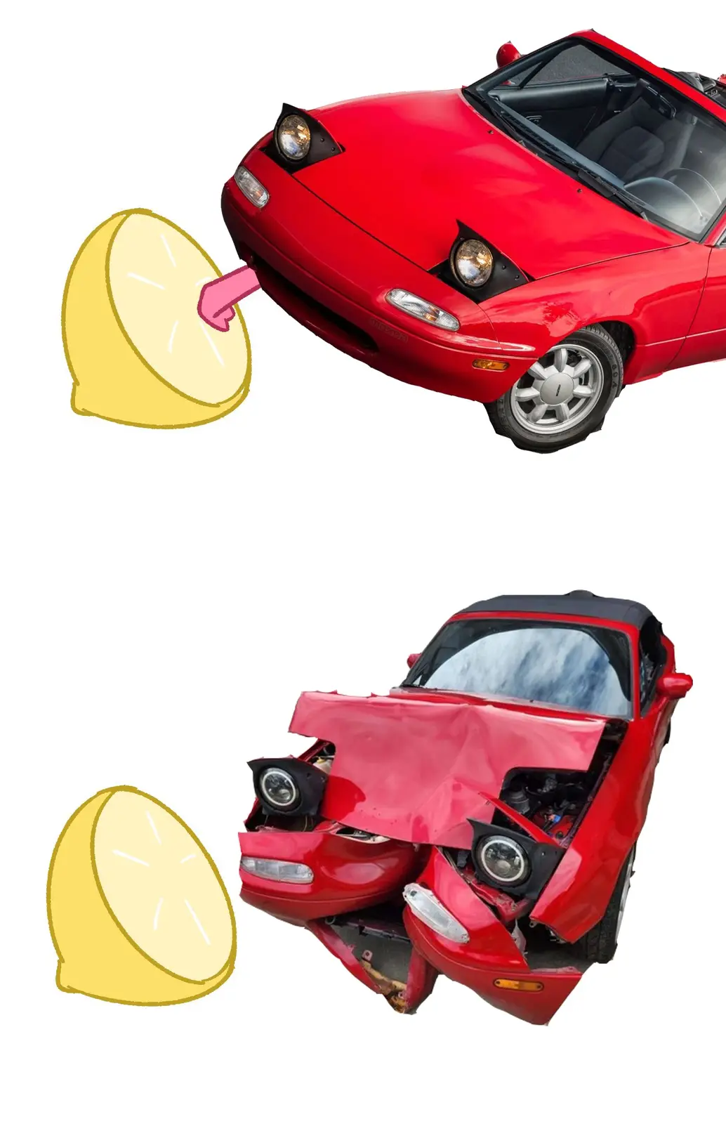 The image shows two panels: the top panel features a red Mazda Miata with a cartoon lemon and pink tongue sticking out from…