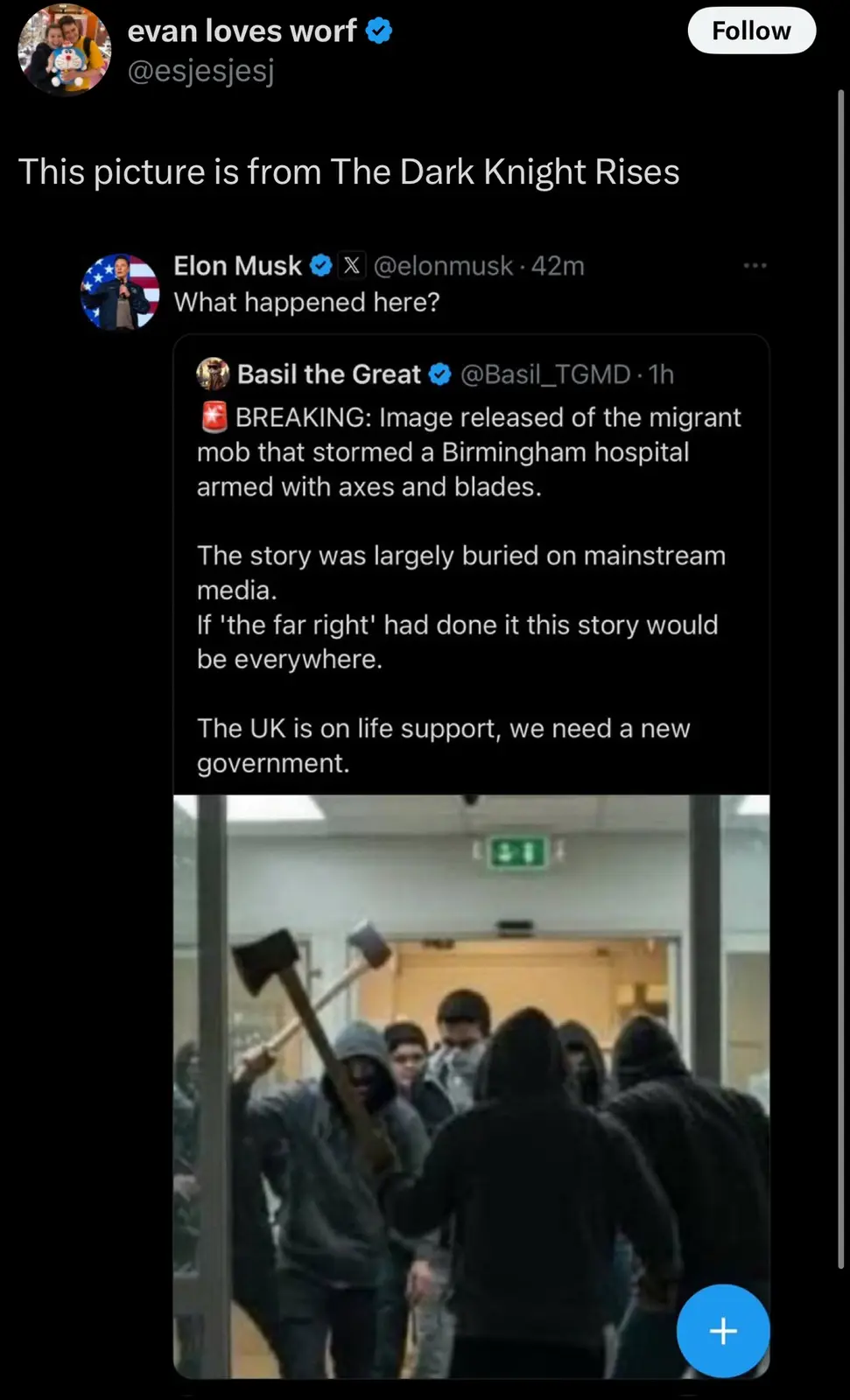 A screenshot of a Twitter thread shows a user named 'evan loves worf' stating the image is from 'The Dark Knight Rises'…