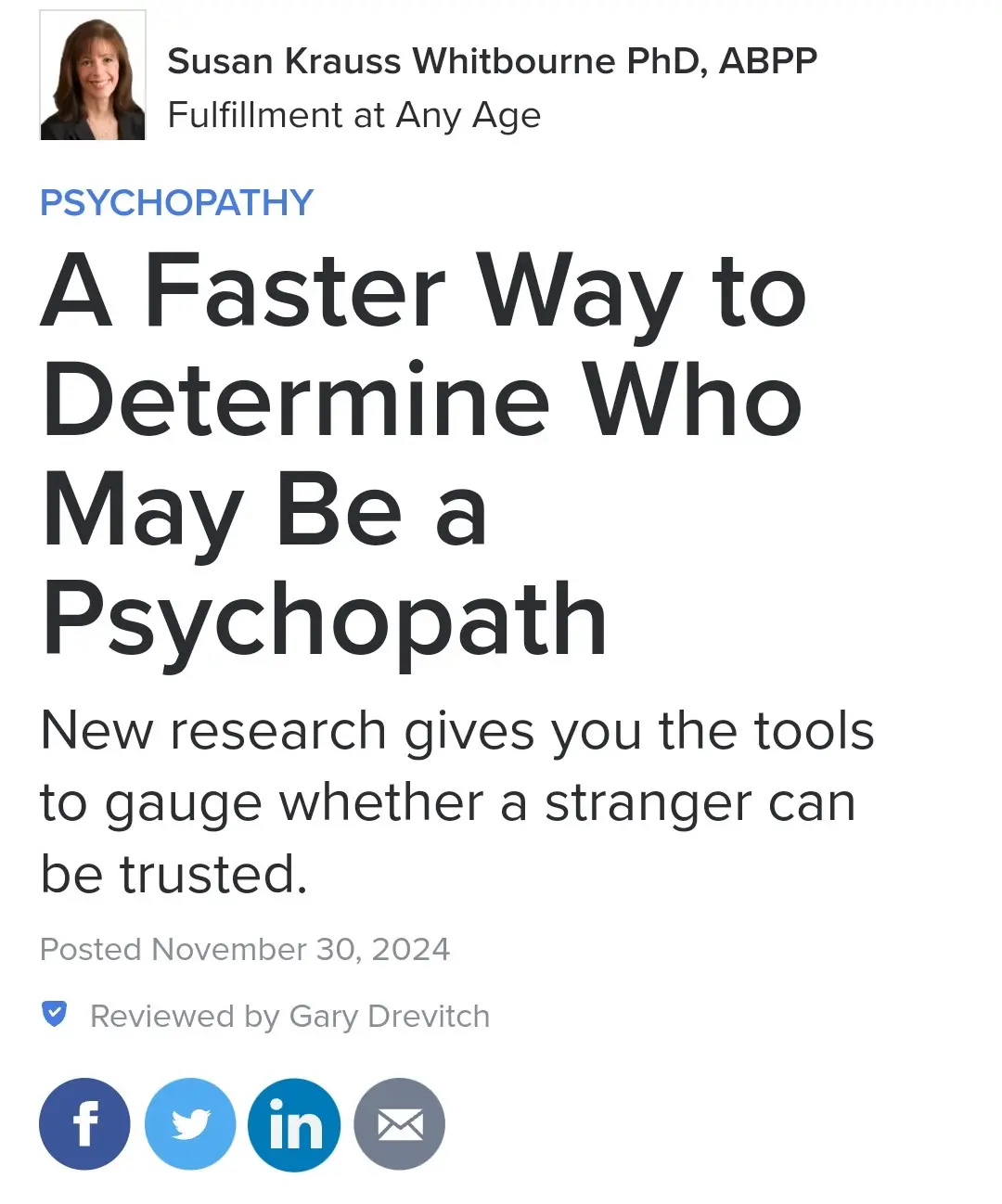 A screenshot of a webpage article titled 'A Faster Way to Determine Who May Be a Psychopath' by Susan Krauss Whitbourne PhD…