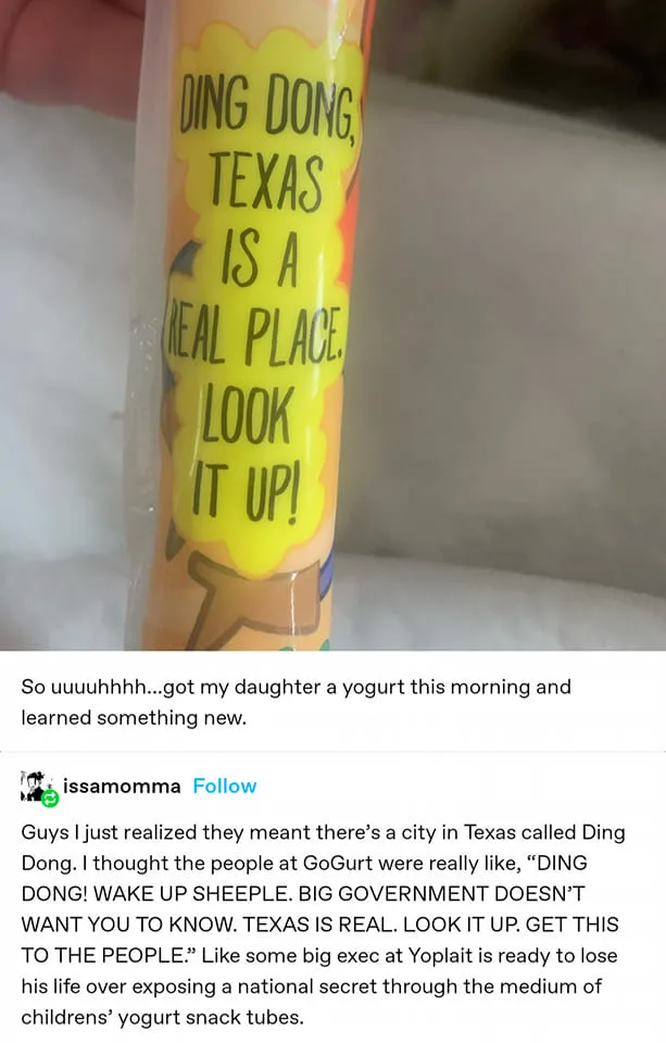 A close-up photo of a children's yogurt tube with a yellow speech bubble graphic that reads 'DING DONG, TEXAS IS A REAL…
