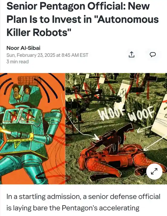 The image displays a split-screen: left side shows a cartoonish teal robot with red 'X' marks on its chest, right side shows…