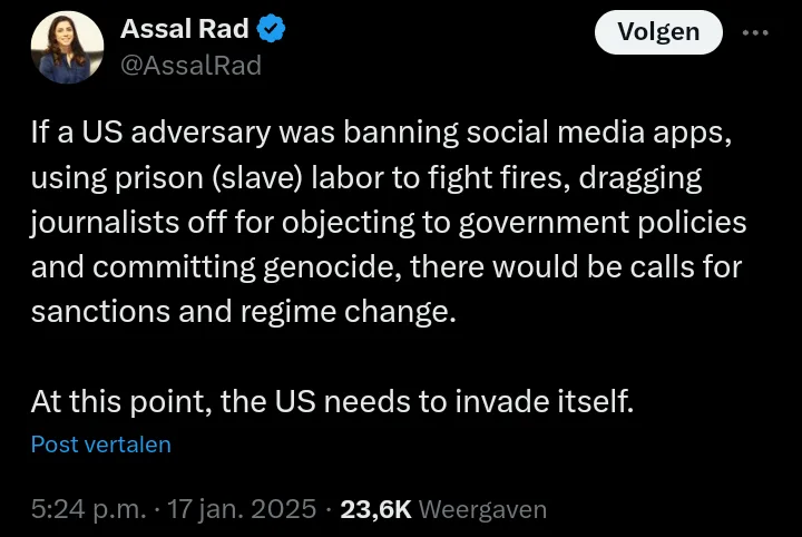 A screenshot of a tweet by Assal Rad, showing a black background with white text. The tweet reads: 'If a US adversary was…