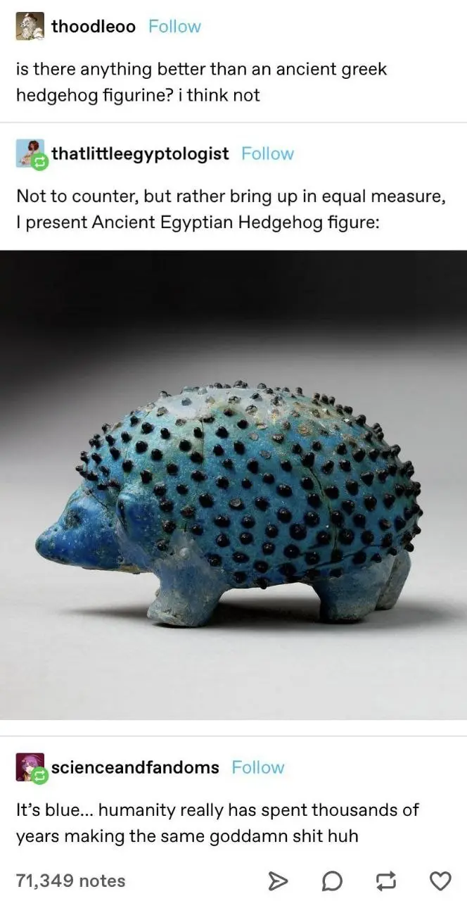 The image shows a blue ancient Egyptian hedgehog figurine with black spiky protrusions, presented as a counterpoint to an…