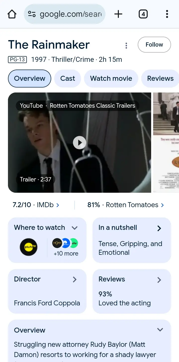 A screenshot of a Google search result for the 1997 movie 'The Rainmaker,' showing its IMDb rating of 7.2/10, Rotten…