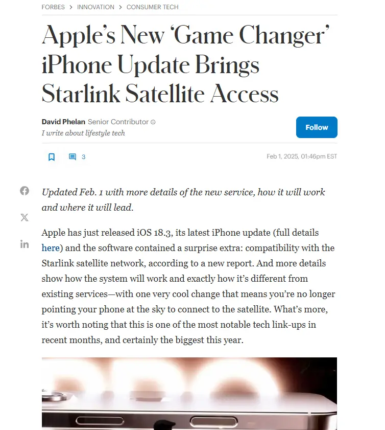 A screenshot of a Forbes article titled 'Apple's New 'Game Changer' iPhone Update Brings Starlink Satellite Access' by David…