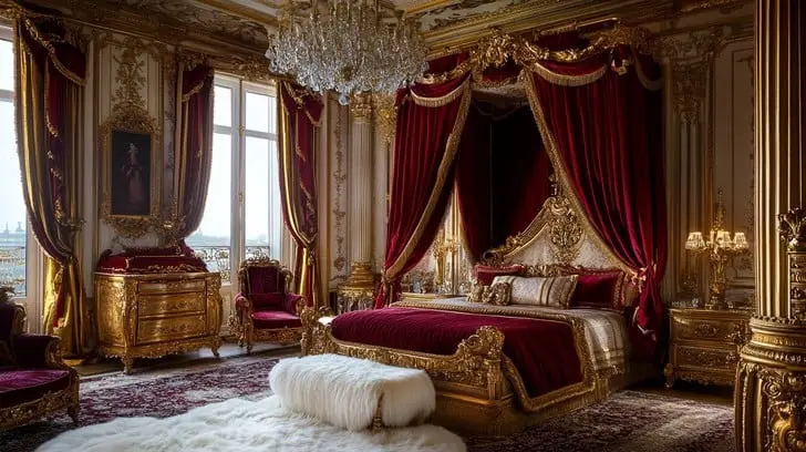 a lavishly decorated bedroom with gold-trimmed furniture, red velvet drapes, a large ornate bed, and a crystal chandelier…