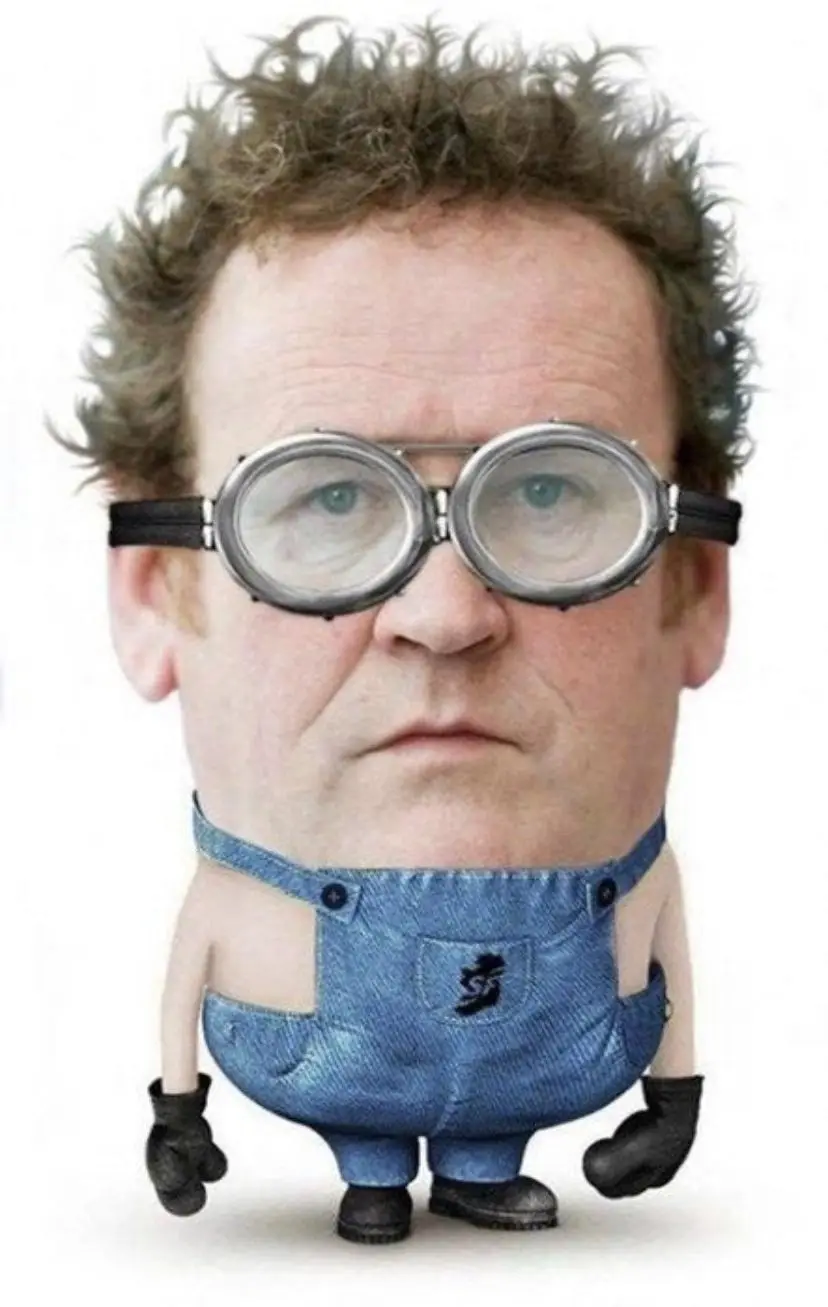 A digitally altered image shows a man with wild hair and a stern expression, edited to resemble a Minion from the Despicable…