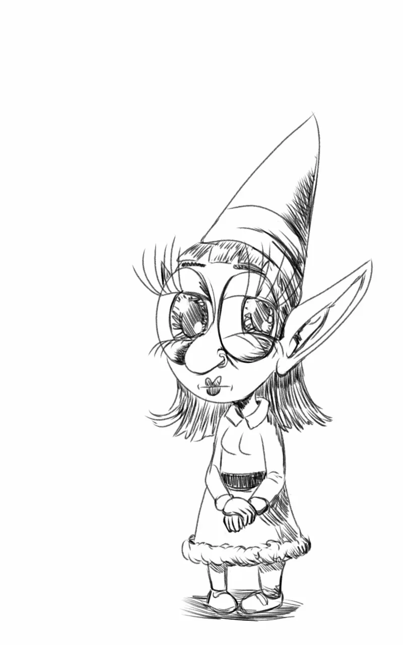 A black-and-white sketch of a chibi-style elf girl with large eyes, long eyelashes, pointed ears, and a pointed hat…