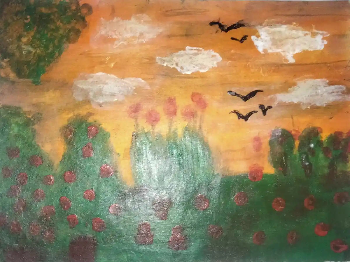 A childlike painting depicts a sunset scene with orange skies, white clouds, and green trees dotted with red circles…