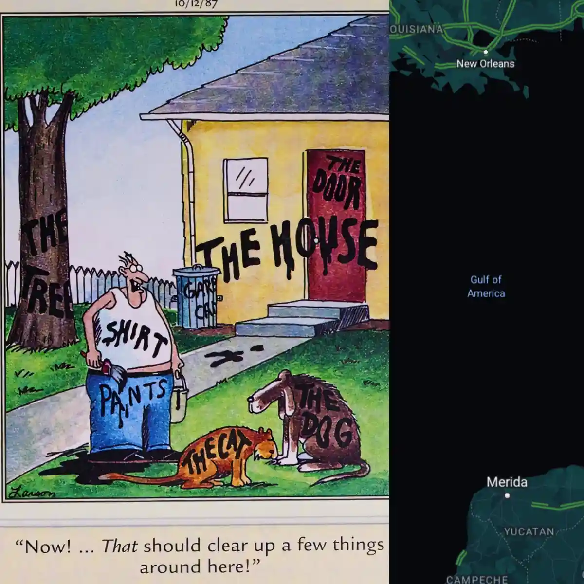 A cartoon depicts a man holding a paintbrush, standing in front of a house with 'THE HOUSE' written on it. The tree, dog…