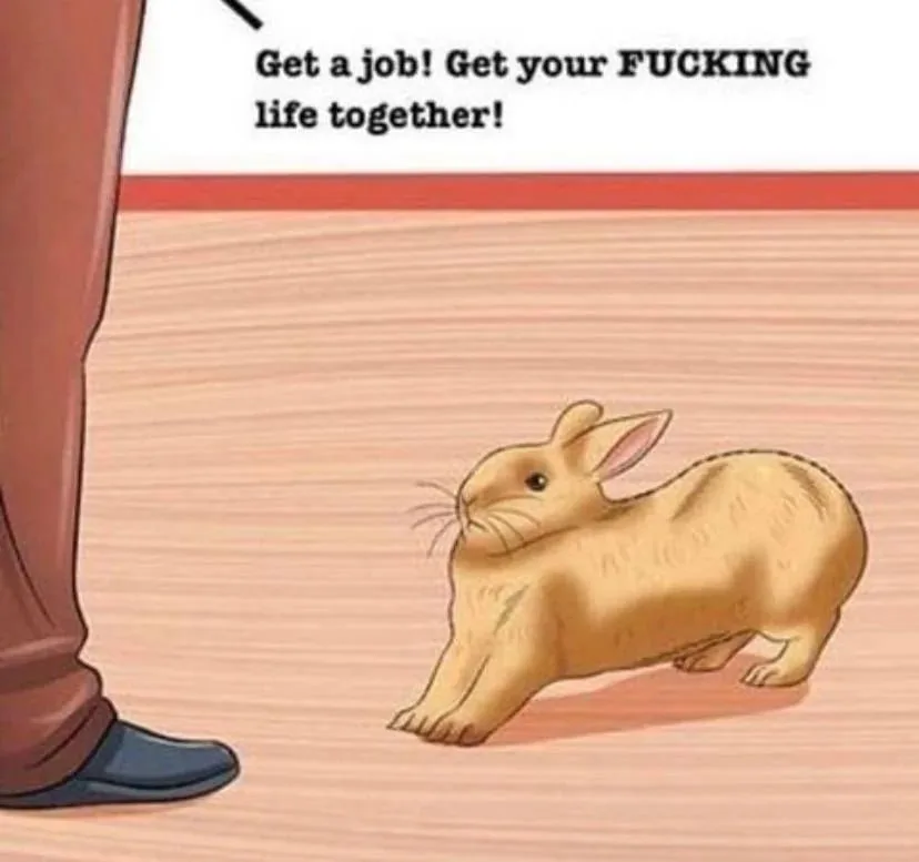 A cartoon illustration shows a person's legs and foot standing over a small, tan rabbit on a wooden floor. The rabbit is…