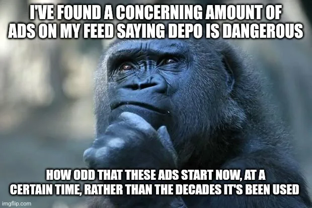 A close-up image of a gorilla with a thoughtful expression, its hand resting on its chin. White bold text is overlaid in two…