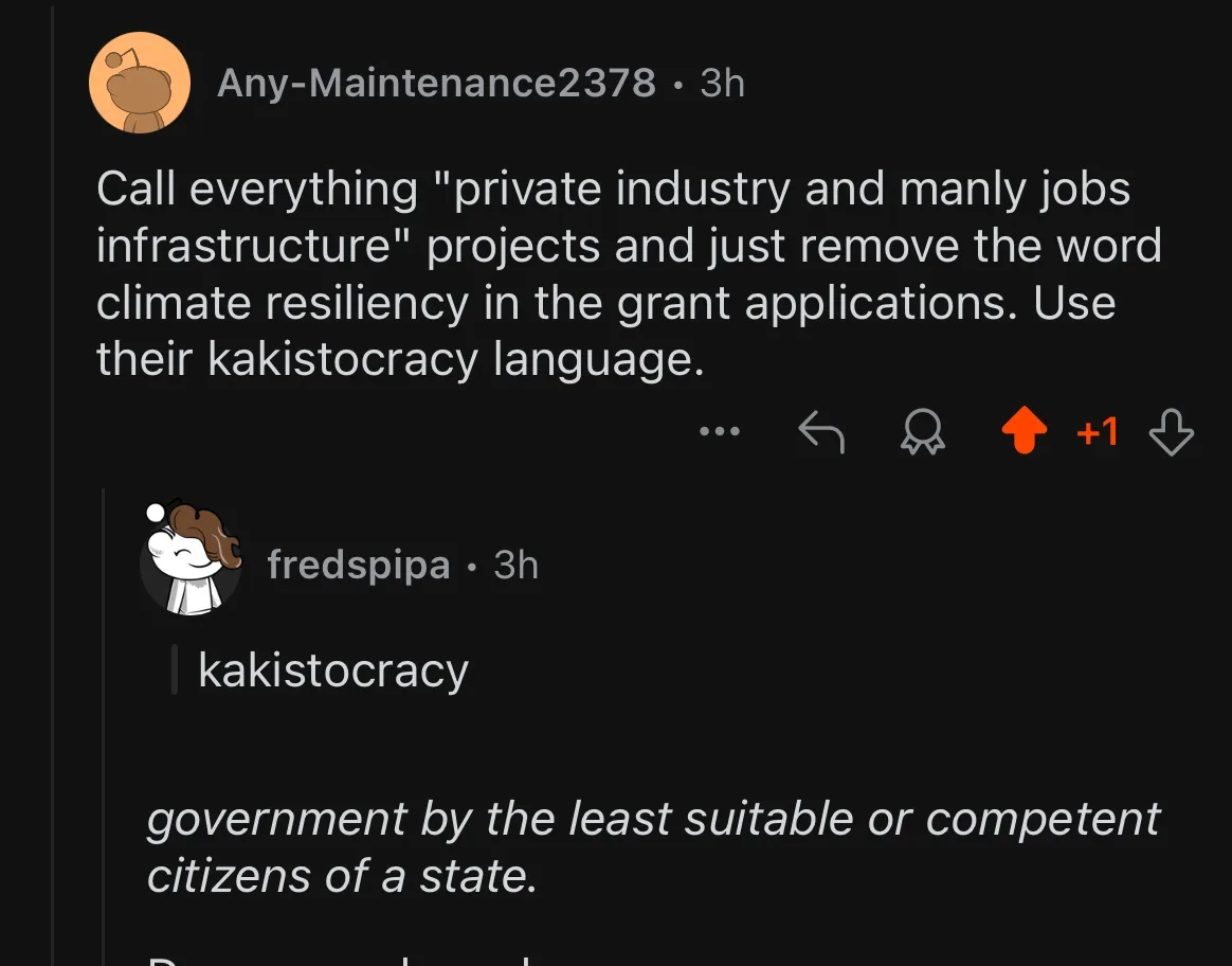 A screenshot of a Reddit comment thread where a user suggests rebranding grant projects to sound more appealing by using…