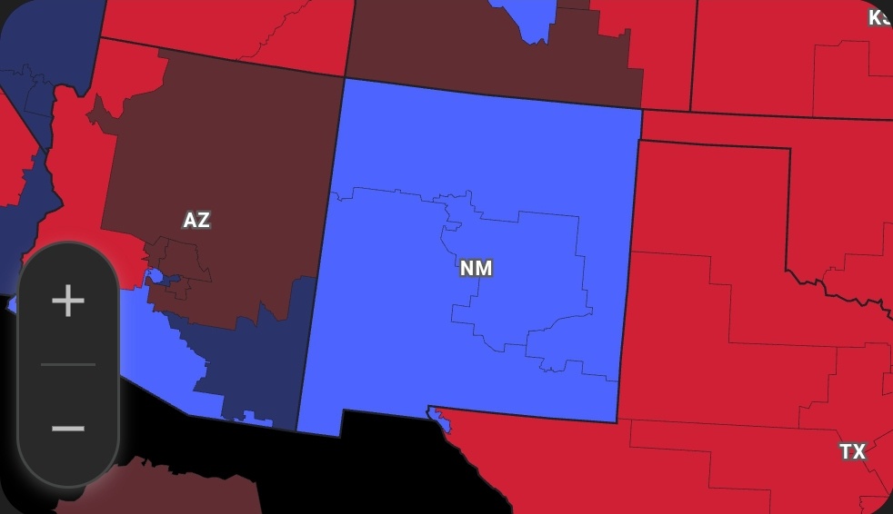 A map of the southwestern United States with New Mexico (NM) highlighted in bright blue, surrounded by Arizona (AZ) in dark…
