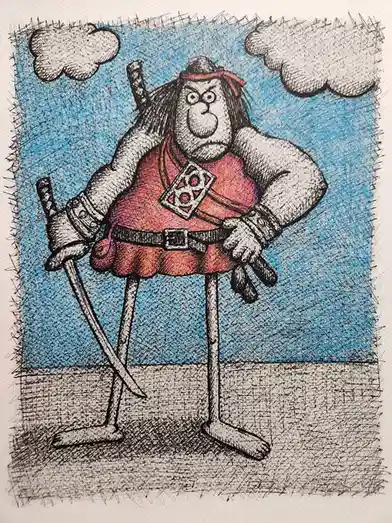 A hand-drawn cartoon depicts a muscular, angry-looking warrior with long hair and a headband, wearing a red tunic and…