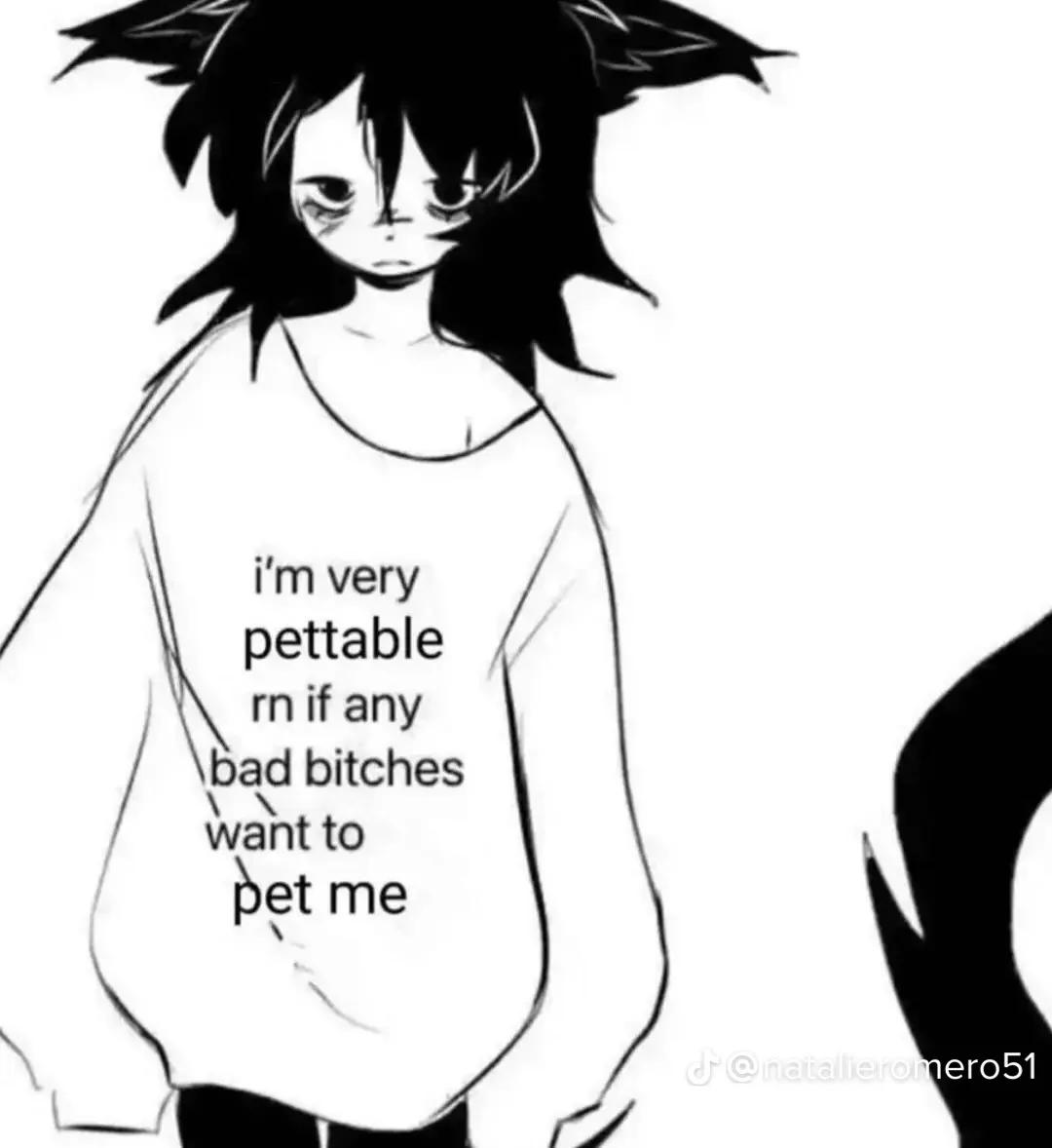 A black-and-white anime-style drawing of a person with messy hair and a sad expression, wearing a loose shirt with the text…