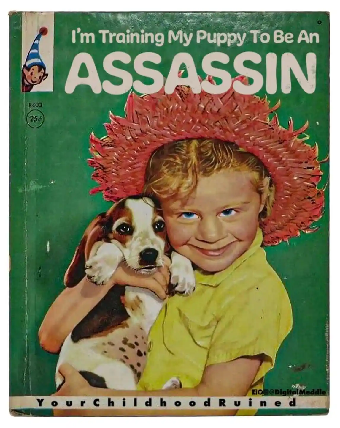 A vintage children's book cover shows a smiling child in a yellow shirt and large red hat holding a beagle puppy. The text…