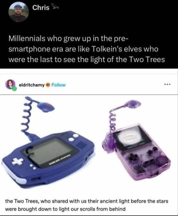 The image shows two Game Boy Advance handheld gaming consoles, one blue and one translucent purple, each with a coiled…
