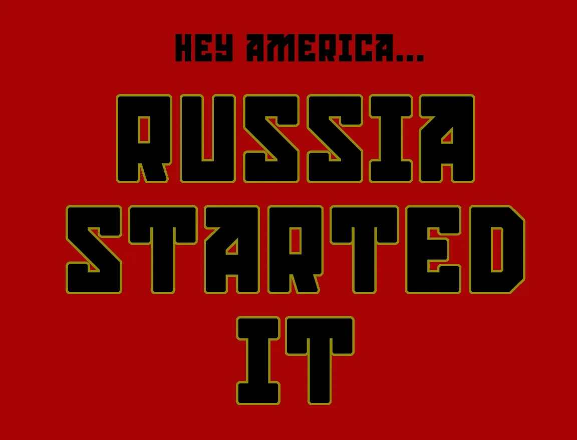 A solid red background features bold black text with a yellow outline. The text reads 'HEY AMERICA...' at the top, followed…